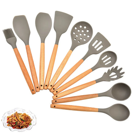 Creative Kitchen Utensils 10 Pieces Set Wooden Handle Silicone Cooking Spoon Spatula Kitchen Tool Set