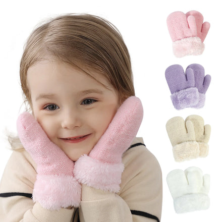 Factory Custom logo Winter Ski Cute Warm Fleece Lined Knit Thick Thermal Gloves Snowboarding Mittens for Kids 1-6 Years