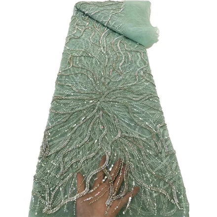 Beaded Dress Fabric Mint Green Floral Sequins Beads Embroidered Lace