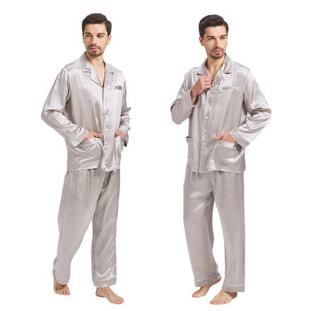 Luxury Fashion Design Silver Grey 100% Organic Silk Pajamas Men High Quality 2Pcs Pure Silk Mens Pajamas Nightgown