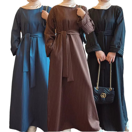 2023 Loriya Islamic Abaya Turkey Long Maxi Dresses Stripe Dubai Ramadan Kaftan Islamic Arab Clothing Wholesale