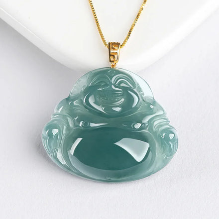 Genuine Natural a Grade Emerald Blue Water Buddha 18K Gold Buckle Inlaid Ice Jade Necklace Pendant