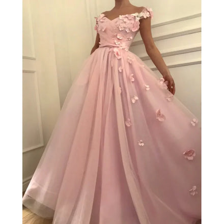 Elegant Pink Off the Shoulder 3D Flowers Lace A-line Wedding Gown Birthday Party Dress for Plus Size Women Prom Evening Dress