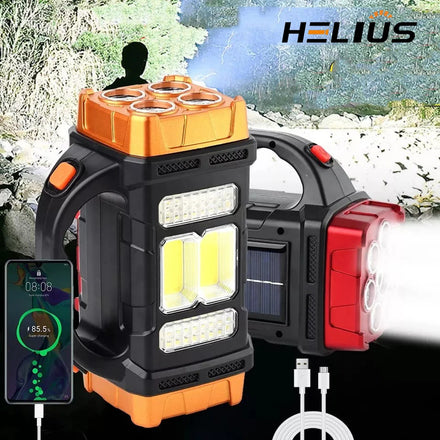 Helius Powerful Solar LED Flashlight With COB Work Light 4 Gear USB Rechargeable Torch Light Waterproof for Outdoor Camping