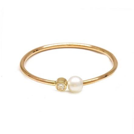 Milskye Classic Simple Jewelry 14k Gold Plated 925 Sterling Silver Diamond Freshwater Pearl Ring