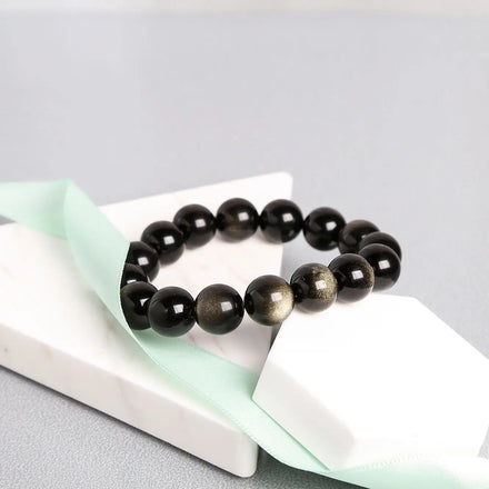 Natural Healing Crystal 12mm 7A Golden Obsidian Round Beads Bracelets Fashion Jewelry Fengshui Precious Stone Bracelet