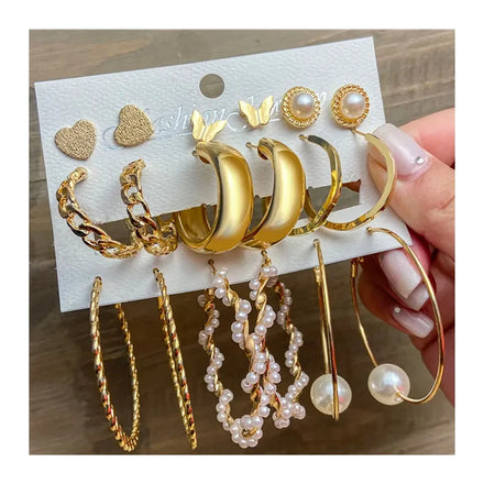 Trendy Luxury Women 18K Gold Jewelry Exaggerated Big Hoop Earrings Set Pearl Dainty Butterfly Stud Earrings