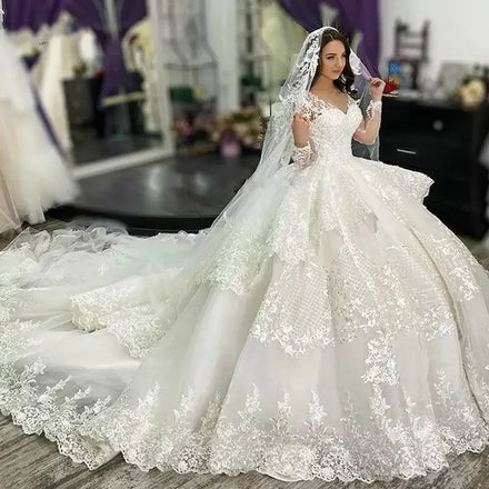 Luxury V Neck Beading Lace Appliqued Bridal Vestidos De Novia Robe Long Sleeve Ball Gown Wedding Dresses MW91