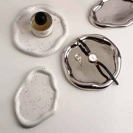 Irregular Ceramic Tray Light Luxury Electroplated Silver Fruit Dessert Plate