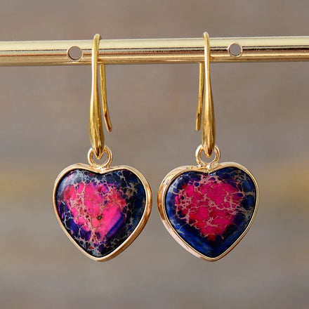 Gold Plated Heart-Shaped Sea Sediment Jasper Dangle Drop Earrings Stud Biju Princess Cut Jewelry for Weddings Engagements