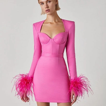 Factory Direct Square Neck Mini Dress Ladies Feather Bandage Dresses for Women