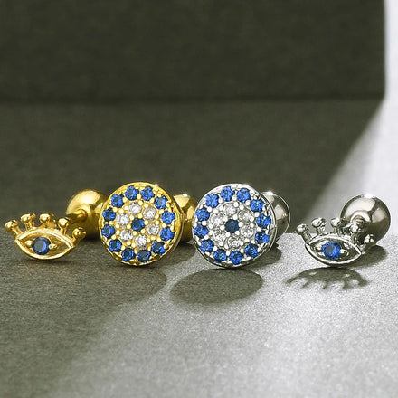 Chill Fashion INS Pure 925 Sterling Silver CZ Zircon Blue Turkish Evil Eye Shaped Stud Earring for Women Girls Gifts
