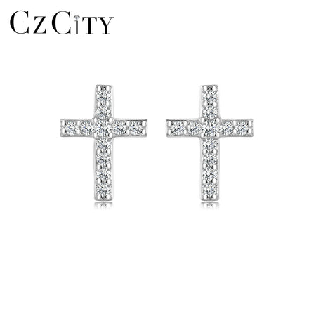 CZCITY Earing Cubic Zirconia 925 Sterling Cross Zircon Popular Woman Cz Tiny Ice Silver Stud Earrings