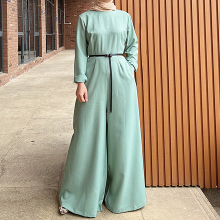 Loriya Latest Fashion Solid Color Wide Leg Jumpsuit for Women Modest Abaya Turkey Islamic Abaya Playsuit for Girls