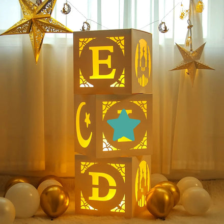 Nicro White Eid Mubarak Moon Star Decorations Balloons Transparent Paper LED Lights Boxes Blocks Ramadan Party Decoration Set