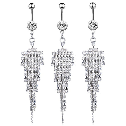 Stainless Steel Curved Barbell Crystal Chain Dangling Belly Button Ring Fashion Piercing Jewelry Rhinestone Tassel Navel Ring