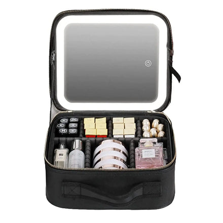 Large Fashion Foldable PU Travel Makeup Case with LED Mirror Cover Closure and Thread Pattern Cosmetic Organizer