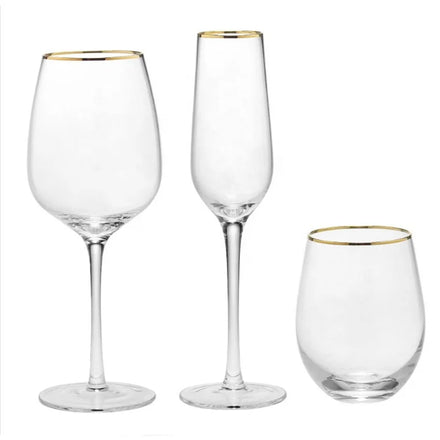 High Quality Transparent Crystal White Red Wine Glasses Gold Rimmed Handmade Luxury Wedding Glass Set Mouth Blown Stemless