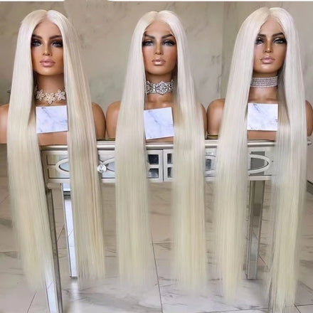 Long 40 Inch Wig White #60 Blonde Color Silky Straight Invisible Knots Soft European Human Hair HD Lace Front Wigs