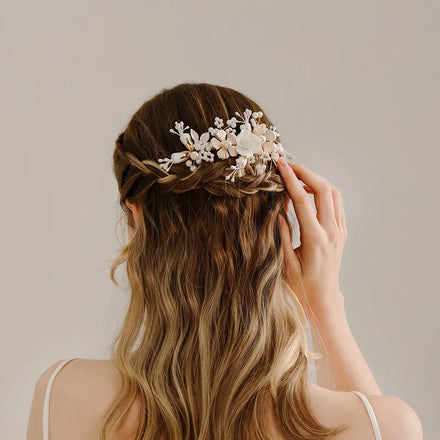 Luxury Ceramics Flower Headpieces Prom Bridal Wedding Hair Accessories Jewelry Gold Leaves Handmade Hair Pin Pearl Hair Combs