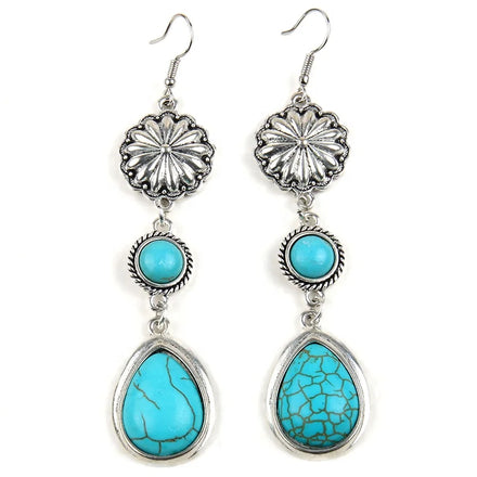 Beautiful Vintage Women Earring Alloy Flower Earrings Triangle Round Drop White Blue Turquoise Pendant Earring Western Jewelry