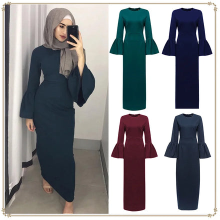 Lanna LR139 Dubai Abaya 2022 Polyester Fabric Middle East Pure Color Long Fashion Flare Sleeve Slim Dress for Muslim Women 4