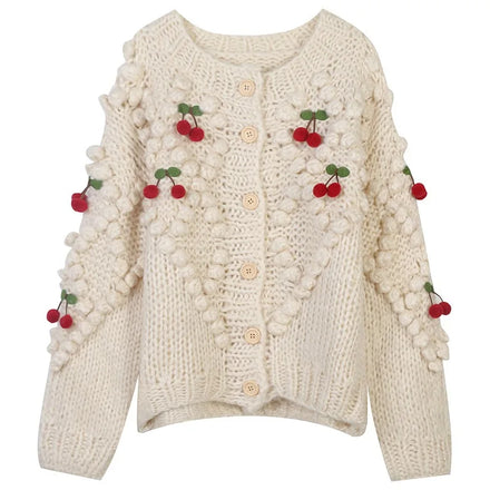 Cherry Decoration Hand Knit Chunky Knitted Cardigan Sweater for Women