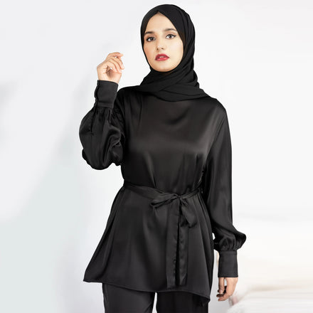 Wholesale Loriya Islamic Clothing Modest Abaya Set Muslim Girls Abaya Top and Pants Two Pieces Abaya Set Satin Fabric Collection