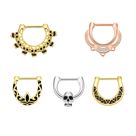 Indian Style Sexy Solid Stainless Steel Gold Plated Nose Ring Crown Rhinestone Hanging Black Chains Double Ring Case Straight