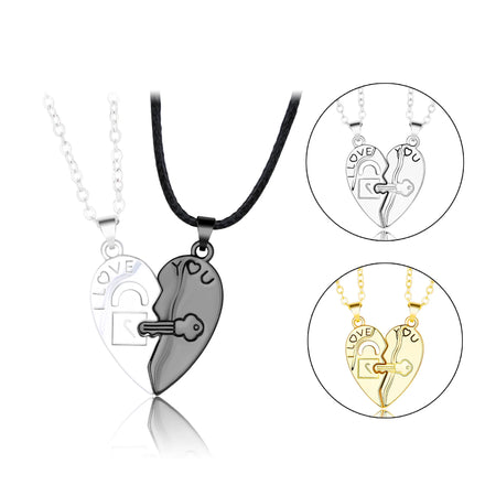Risingmoon Fasion Valentine's Day Magnetic Necklace Alloy Heart Key Lock Stitching Couple Necklace