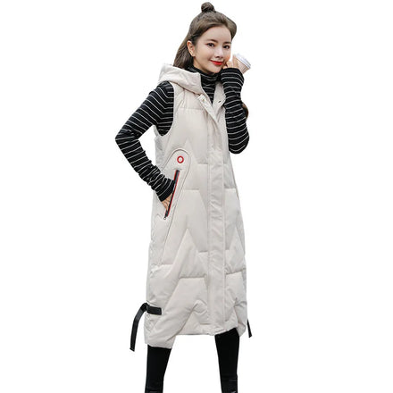 2026 Winter Puffer Long Loose Full Zipper Women Plus Size Hooded Vest Sleeveless Jacket