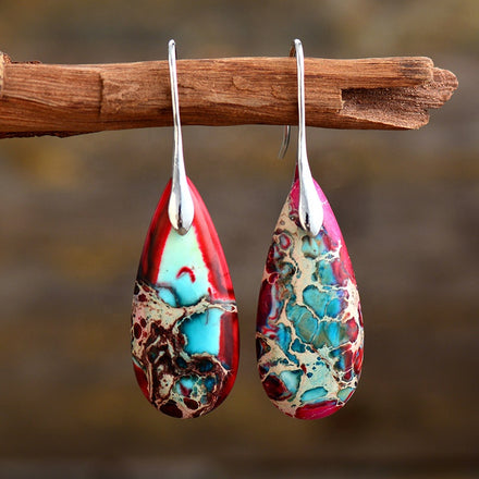 Boho Designer 18K Gold Plated Ethnic Natural Sea Sediment Jade Healing Huge Statement Drop Earrings Fashionable Urban Style