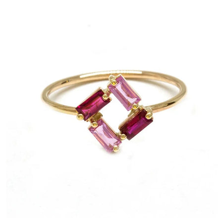 Milskye 18k Gold Plated Geometric Design Jewelry 925 Silver Ruby pink Crystal Rectangle Ring