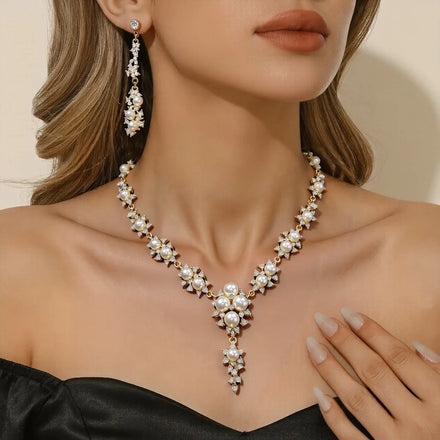 Hot Sale Women's Gold Plated Choker Necklace with Pearl Rhinestone Earrings and Pendant Elegant Jewelry Set