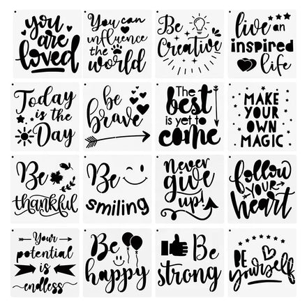 16 Pieces Motivational Word Stencils Reusable Mylar Template With Open Ring for Painting on Wood Wall