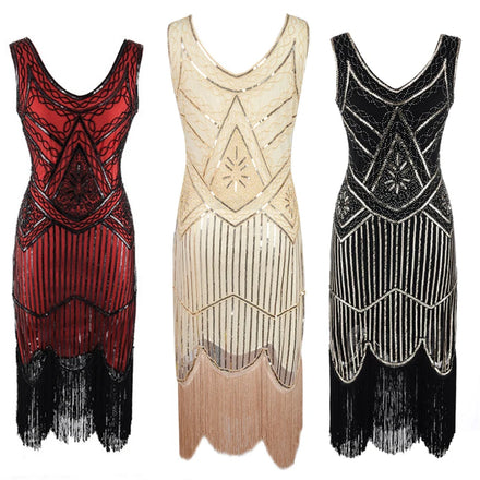 Women Party Dress 1920 s Great Gatsby Flapper Vestidos Sequin Bead Fringe Dress Evening V Neck Sleeveless Plus Size Women Dress