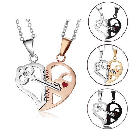 Risingmoon Hot Sale Creative Stainless Steel Love You Puzzle Heart Key Couple Necklace Valentine's Day Gift