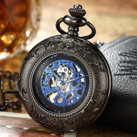 Antique Retro Hand Wind Mechanical Pocket Watch with Skeleton Dial Black Steel Fashion Flip Design Men's Hollow Fob Chain Gift