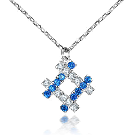Custom Blue Cubic Zircon (CZ) Diamond Pendant Necklace with Link Chain Rhodium Plated Stylish Trendy for Wedding Engagement Gift
