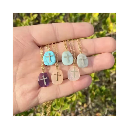 Christian Jesus Cross Religious Pendant Necklace Gold Plated Stainless Steel Women's Jewelry Amethyst Gift