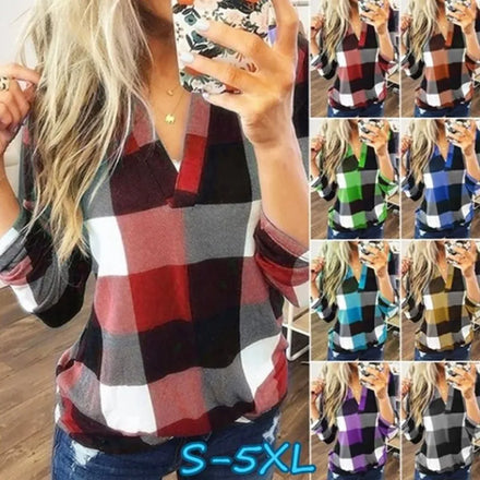 S-5XL Fashion Women's New Hot Spring and Autumn Shirts Plaid Print V-Neck Long Sleeve Top T-shirt Ladies Blouses