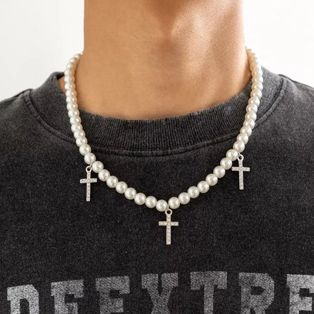 SHIXIN Fashion Necklace Personality Rhinestone Pearl Cross Necklace Male Unique Hip Hop Cross Pendant Design Accessories Gift