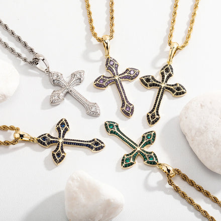 Top Icy Iced Out Retro Style Cross Pendant Brass 18K Gold Plated CZ Fashion Jewelry Pendants Punk Necklace for Men and Women