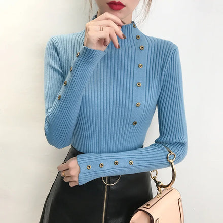 Autumn and Winter Fashion Women's Long Sleeve Tight Elastic Casual Sweater Pullover Women's Knitted Shirt One Size