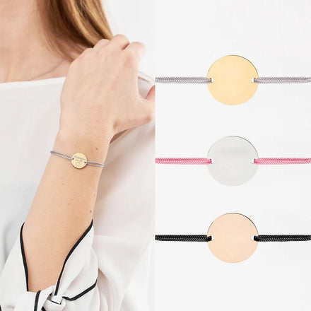 Stainless Steel Silver Rose Gold 18k Gold Round Disc Charm Macrame Bracelet Personalized Engraved Logo Engraving Custom Bracelet