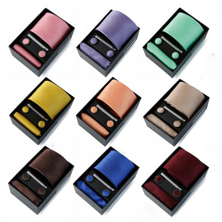 Men's Tie Pin Cuff Link Set Pocket Square Plain Turkey Colombian Neckties Polyester Custom Logo Bulk Packaged Draped Pictures