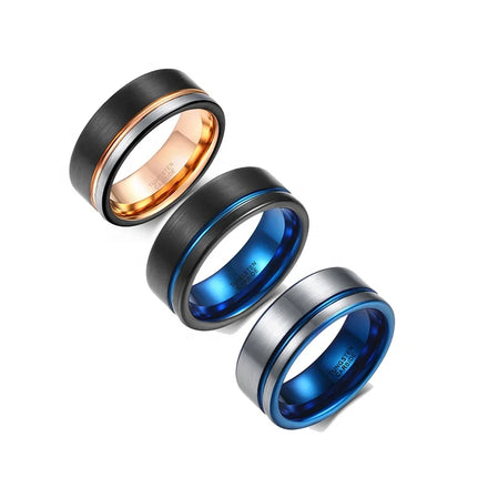 POYA Unisex Wedding Ring Blue Grooved 4mm 6mm 8mm 10mm Tungsten Black Rose Brushed Engagement/Anniversary Gift for Men Women