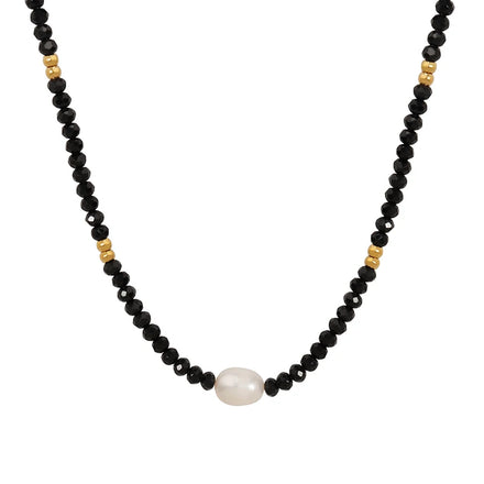 Trendy Classic Stainless Steel Freshwater Pearl Black Beaded Pendant Necklace for Couples Women Men Gift Daily