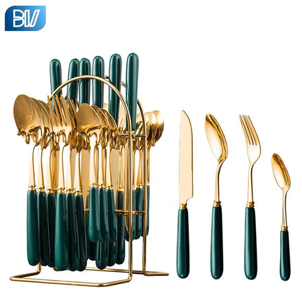 Wholesale Stainless Steel 24Pcs Western Gold Pink Tableware Holder Restaurant Golden Cutlery Set