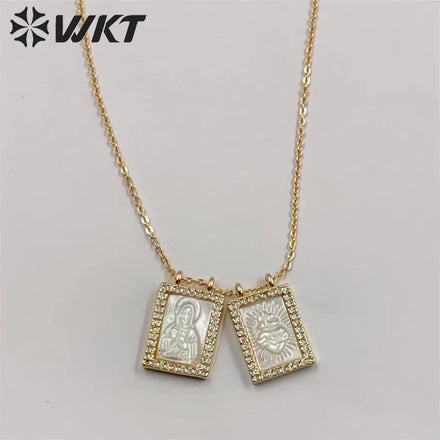 WT-JN220 Super Hot Fashion Double Charms Micropaved CZ Setting Mother of Pearl Shell Necklace 18k Gold Religion Maria Necklace